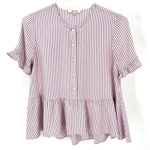 MADEWELL Studio Ruffle-Hem Lavender Stripe Short Sleeve Lightweight Button Down - Picture 5 of 10